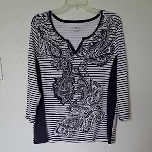 Karen Scott Navy & White Paisley Striped Scoop Neck Top Embellished With Studs